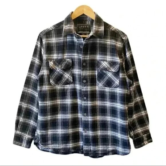 Jachs Mens Flannel Shirt Button Front Long Sleeves Plaid Black White Medium - Picture 2 of 16